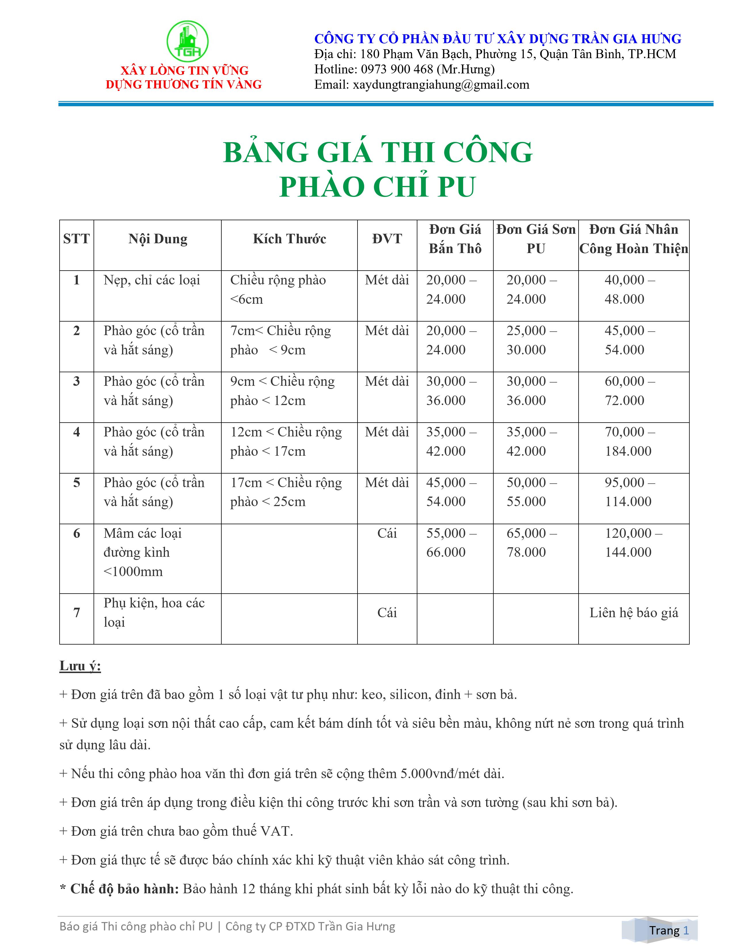 Bảng Báo Giá Thi Công Phào Chỉ PU & Hướng Dẫn Thi Công