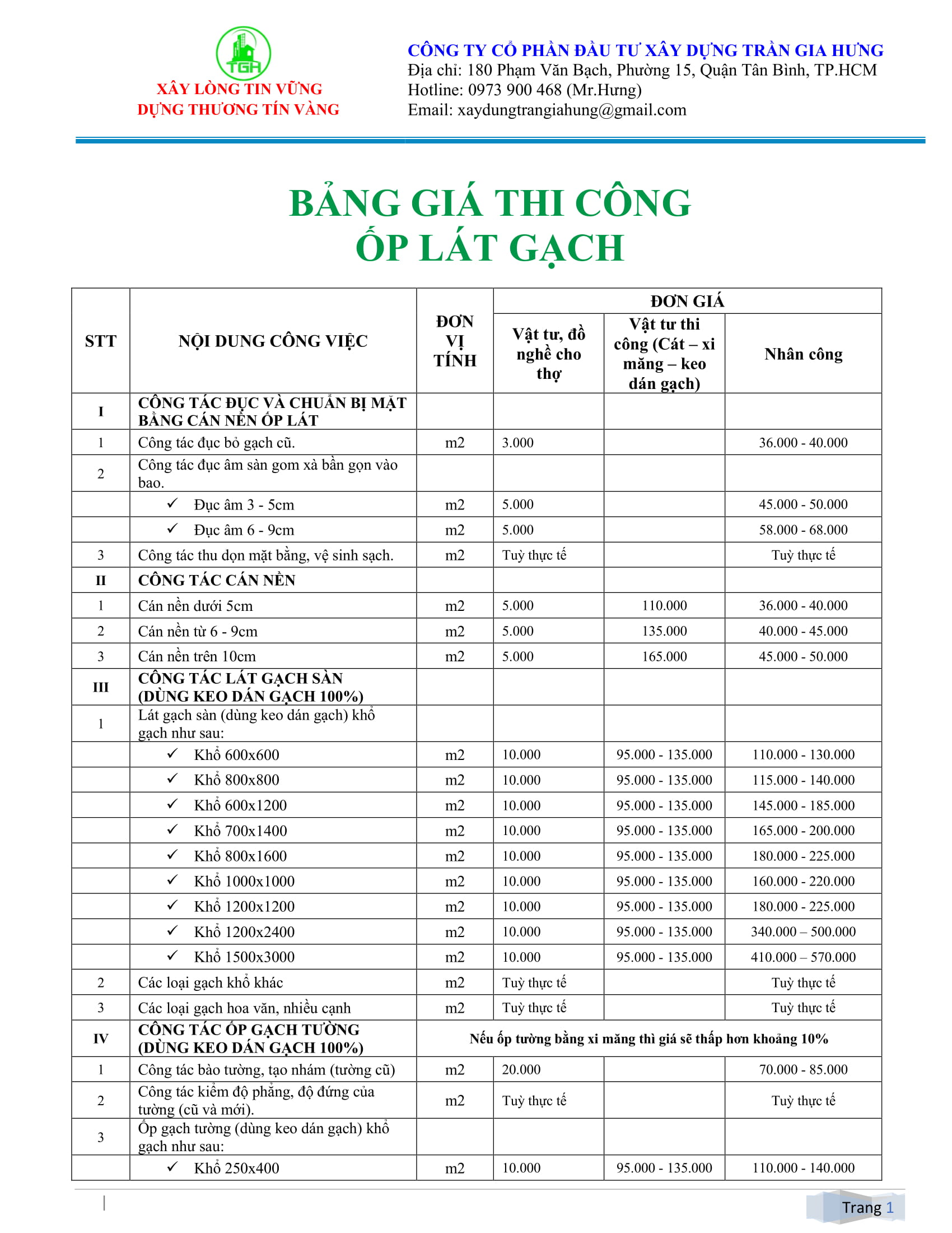 Đơn Giá Ốp Lát Gạch Sàn Nhà